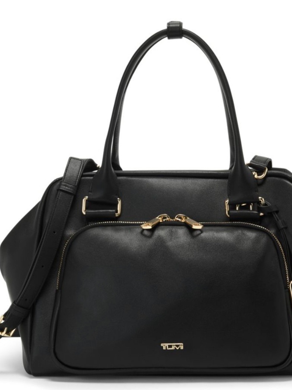 Tumi Voyageur Black Leather Satchel with Gold Hardware Accents - Adrian Carryall